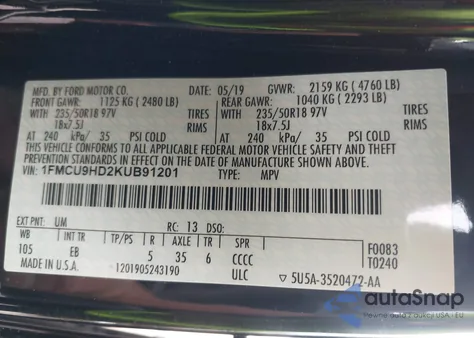 2019 Ford Escape Sel z USA, uszkodzony, nr VIN 1FMCU9HD2KUB91201